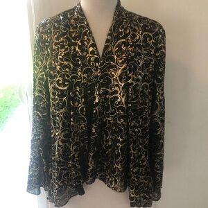 Women’s Black & Gold Dressy Blouse Open Front Cardigan Blazer Sheer Large